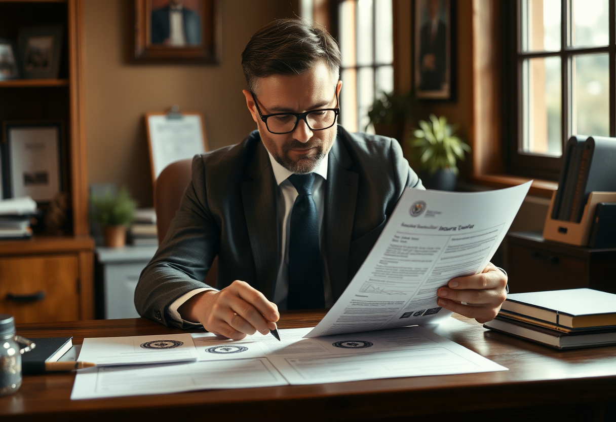 Small business owner reviewing workers' compensation exemption paperwork at a desk